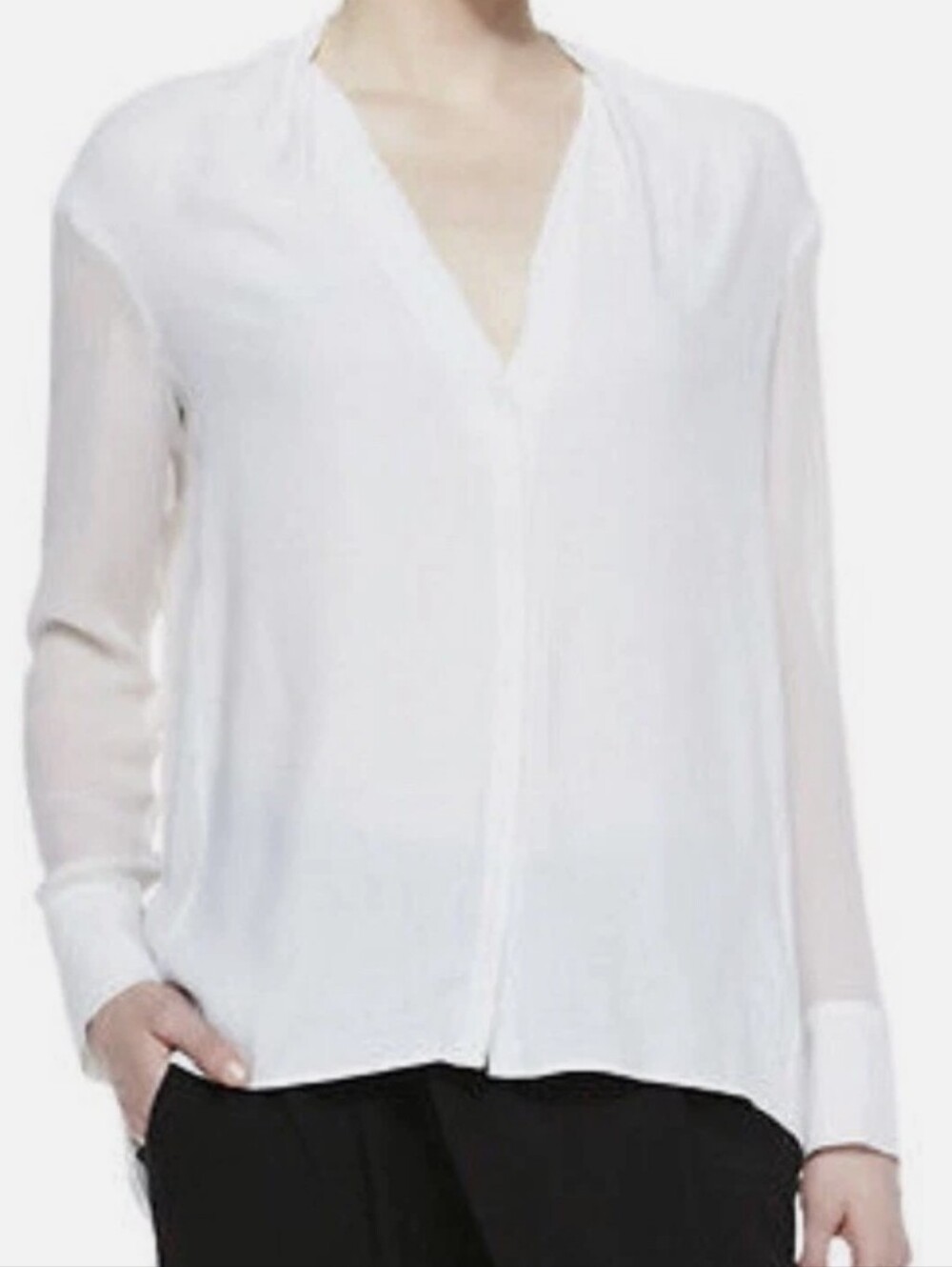 Helmut Lang Women's White V-Neck Long-Sleeve Blouse